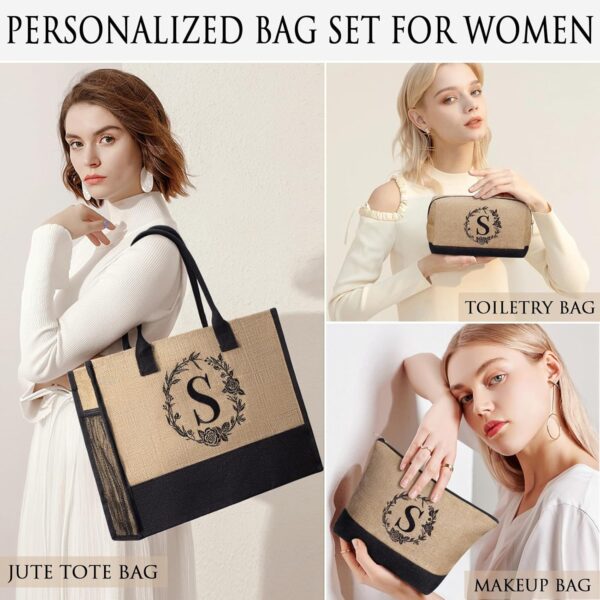 Personalized Christmas Gifts for Women Tote Bag, Initial Jute Tote Bag & Makeup Bags Monogrammed Beach Bag w/ Zipper, Holiday Birthday Gifts for Women Her Friend Mom Daughter Sister Girlfriend Teacher - Image 3