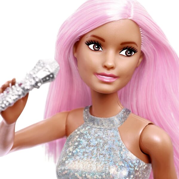 Barbie Careers Fashion Doll & Accessory, Pop Star with Pink Hair Wearing Iridescent Skirt with Microphone - Image 4