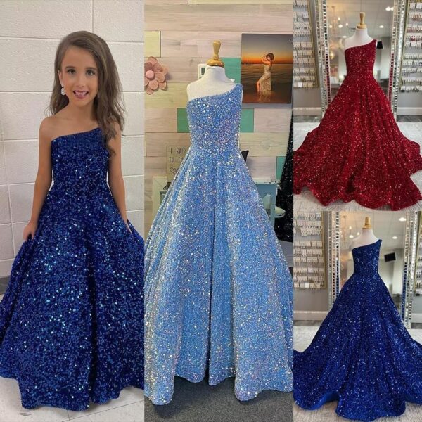 One Shoulder Sequin Pageant Gowns Sparkly Ball Gown Flower Girl Dresses for Wedding Princess Kids Toddler Dress - Image 4