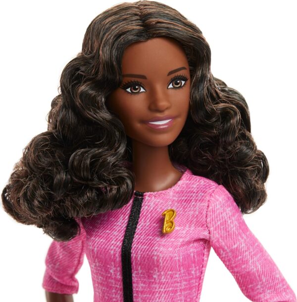 Barbie Careers Doll & Accessories, Future Leader with Dark Brown Hair Wearing Outfit with 2 Golden Bracelets & “B” Pin, Includes Sticker for Kids - Image 3