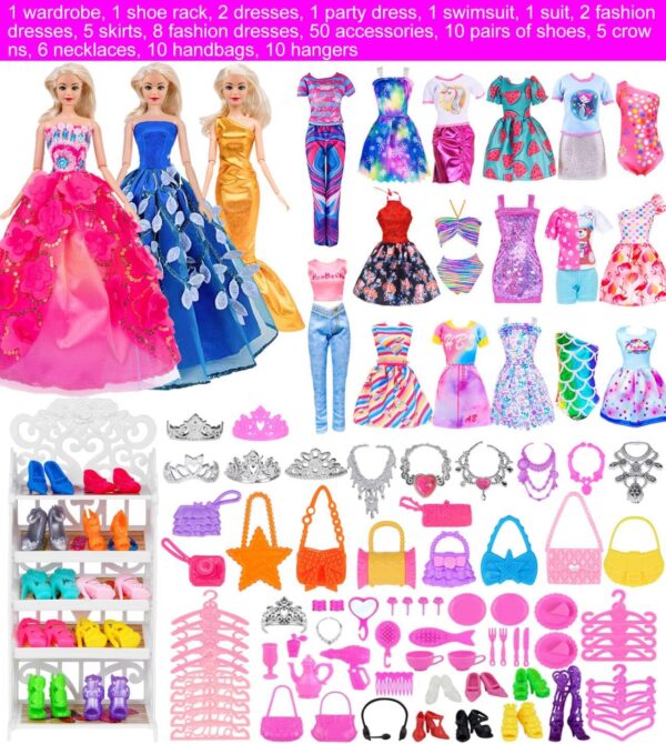 ebuddy 105 Pcs Doll Closet Wardrobe Set Closet Playest Toys Doll Clothes and Accessories for 11.5 Inch Girl Doll Including Wardrobe,Shoes Rack,Dress,Shoes Hangers,Necklace (No Doll) - Image 3