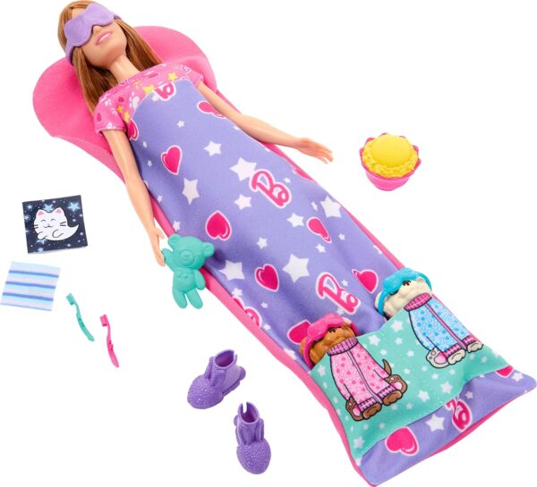 Barbie Doll & Playset with 2 Toy Dog Figures & 10+ Accessories, Puppy Slumber Party with Color-Change Feature, Sleeping Bag, Eye Masks & More - Image 4