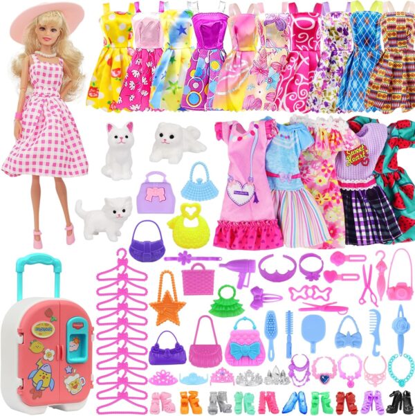 K.T. Fancy 83 Pcs Dolls & Accessories with Doll Closet Wardrobe for 11.5 Inch Doll Dress Up Set Including Wardrobe Shoes Wallet Dress Hangers Brush Necklace Pet and Other Accessories (No Doll) - Image 3