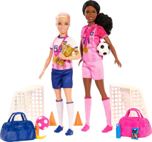 Barbie Careers Playset, Soccer Player Set with 2 Fashion Dolls & 15 Accessories Including Barbie Brooklyn”, Blonde Petite Player, 2 Nets & More