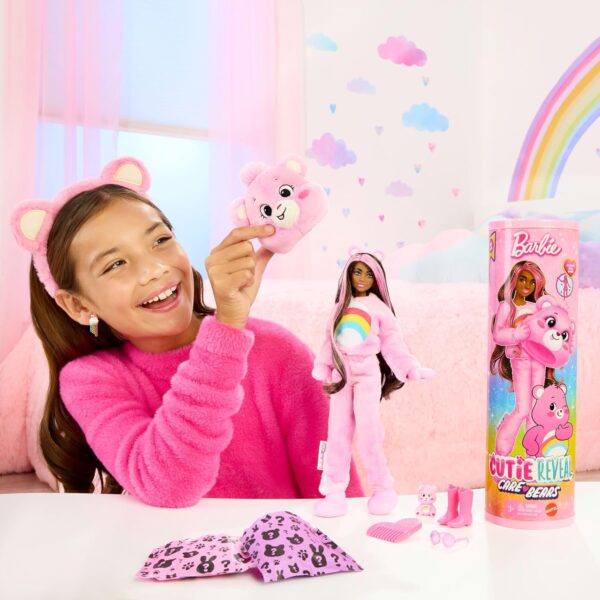 Barbie Cutie Reveal Doll & Accessories, Care Bears Series, Fashion Doll with Cheer Bear Plush Costume & 10 Surprises Including Color Change & Mini Bear - Image 2