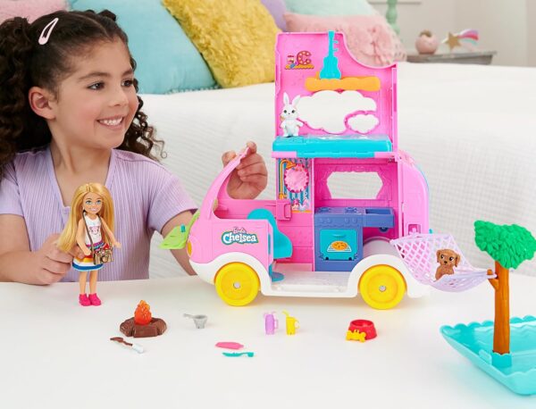 Barbie Toy Camper & Chelsea Doll, 2-in-1 Playset with 2 Pets & 15 Accessories, Vehicle Transforms into Camp Site (Amazon Exclusive) - Image 2