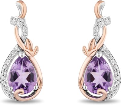 Jewelili Enchanted Disney Fine Jewelry 14K Rose Gold over Sterling Silver with 1/10 Cttw Diamond Amethyst Rapunzel Dangle Earrings