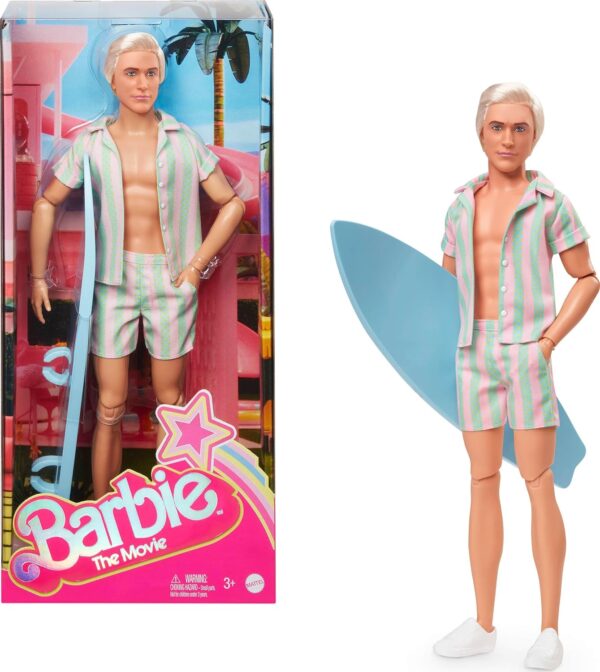 Barbie The Movie Ken Doll Wearing Pastel Pink and Green Striped Beach Matching Set with Surfboard and White Sneakers