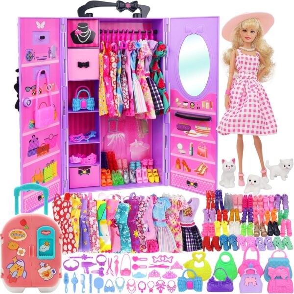 K.T. Fancy 83 Pcs Dolls & Accessories with Doll Closet Wardrobe for 11.5 Inch Doll Dress Up Set Including Wardrobe Shoes Wallet Dress Hangers Brush Necklace Pet and Other Accessories (No Doll)