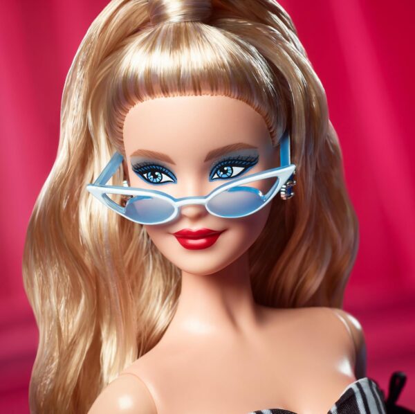 Barbie Signature Doll, 65th Anniversary Collectible with Blonde Hair, Black & White Gown, Sapphire Gem Earrings & Sunglasses - Image 3