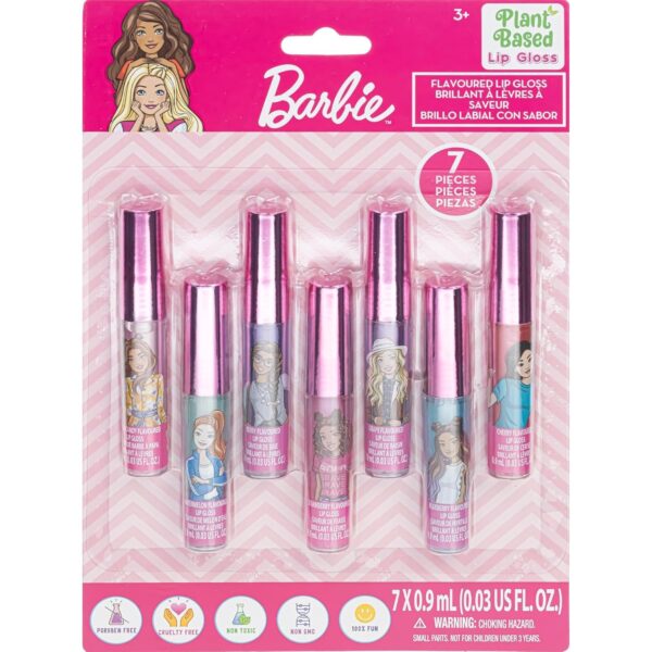 Townley Girl Barbie 7 pcs Kids Lip Gloss Set | Vegan Girls Makeup for Ages 3