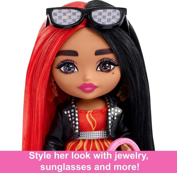 Barbie Extra Minis Doll & Accessories with Red & Black Hair Wearing Flame-Print Dress & Moto Jacket, 5.5-inch - Image 4