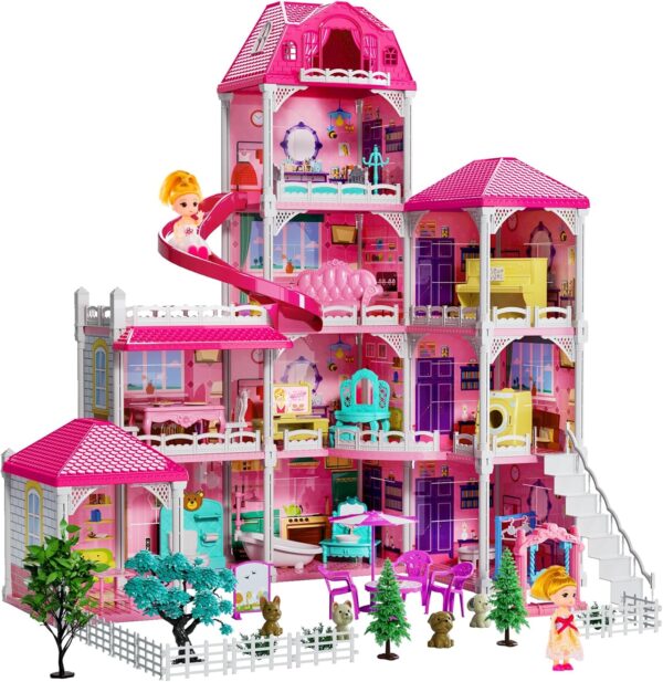 TEMI Villa Toys for 3 4 5 6 7 8 Years Old Girls - 4 Storeys 10 Rooms, Indoor Playset with 2 Dolls Toy Figures, Toys Furniture and Accessories, Pretend Girls Plays, Building Toys, Gifts Toy