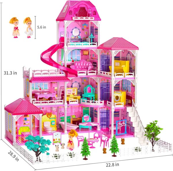 TEMI Villa Toys for 3 4 5 6 7 8 Years Old Girls - 4 Storeys 10 Rooms, Indoor Playset with 2 Dolls Toy Figures, Toys Furniture and Accessories, Pretend Girls Plays, Building Toys, Gifts Toy - Image 2