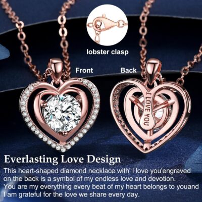 Heart Pendant Gold Necklace for Women Moissanite Lab-Created Gem I Love You Wedding Anniversary Birthday Christmas Valentine Engagements Mothers Day Jewelry for Wife Her Girlfriend Mom Daughter - Image 3