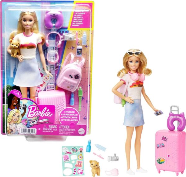 Barbie Doll & Accessories, Travel Set with Puppy and 10+ Pieces, Suitcase Opens & Closes, Barbie "Malibu" with Blonde Hair