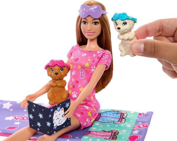 Barbie Doll & Playset with 2 Toy Dog Figures & 10+ Accessories, Puppy Slumber Party with Color-Change Feature, Sleeping Bag, Eye Masks & More - Image 5