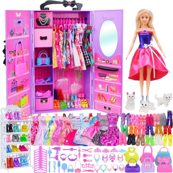 Ecore Fun 86 Pcs Doll Accessories with Doll Closet Wardrobe for 11.5 Inch Doll Dress Up Set Including Wardrobe Handbags Dress Shoes Hangers Necklace Pet and Other Accessories (No Doll)…