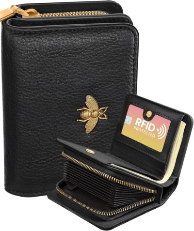 Bistup Bee RFID Credit Card Holder Wallet Women - Cute Leather Accordion Zipper Purse