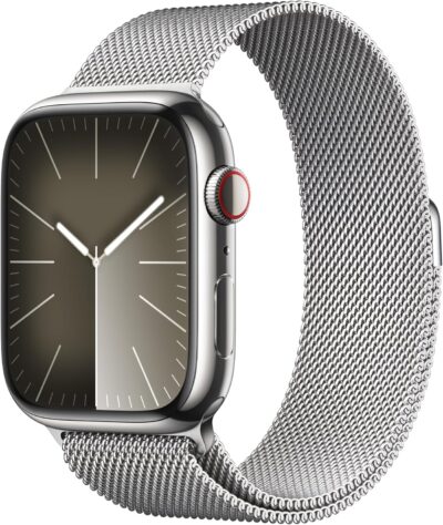 Apple Watch Series 9 [GPS + Cellular 45mm] Smartwatch with Silver Stainless Steel Case with Silver Milanese Loop. Fitness Tracker, Blood Oxygen & ECG Apps, Always-On Retina Display