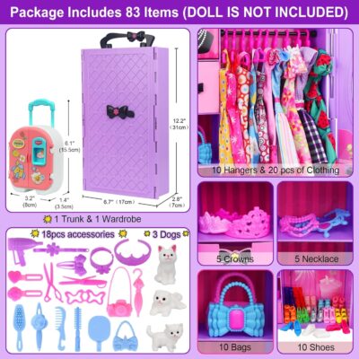 K.T. Fancy 83 Pcs Dolls & Accessories with Doll Closet Wardrobe for 11.5 Inch Doll Dress Up Set Including Wardrobe Shoes Wallet Dress Hangers Brush Necklace Pet and Other Accessories (No Doll) - Image 2