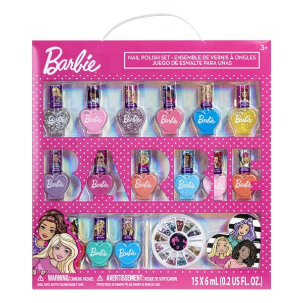 Barbie Movie 18 Piece Set Kids Water-Based Nail Polish Activity Makeup Set, Includes Nail Polish with Nail Gems Wheel and Nail File for Parties, Sleepovers and Makeovers, Townley Girl