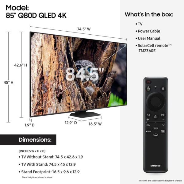 SAMSUNG 85-Inch Class QLED 4K Q80D Series Quantum HDR+ Smart TV w/Dolby Atmos, Object Tracking Sound Lite, Direct Full Array, Motion Xcelerator, Alexa Built-in (QN85Q80D, 2024 Model) - Image 2