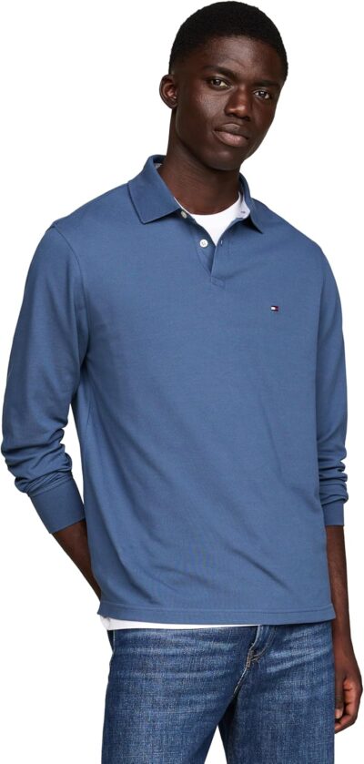 Tommy Hilfiger Men's Long Sleeve Polo Shirts in Regular Fit with Stretch and Organic Pique Cotton