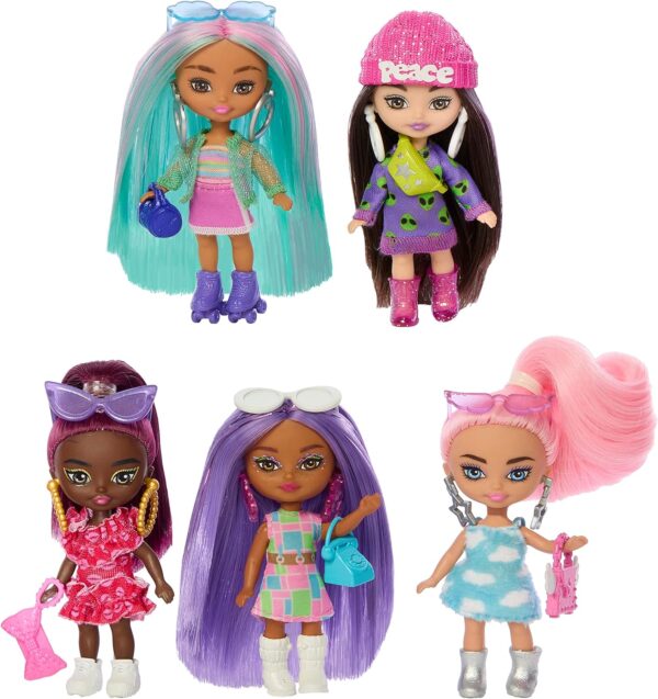 Barbie Extra Mini Minis Dolls 5-Pack, Small Doll Set with Colorful Clothes & Accessories for Unique Looks, 3-inch