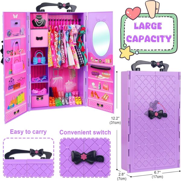 Ecore Fun 86 Pcs Doll Accessories with Doll Closet Wardrobe for 11.5 Inch Doll Dress Up Set Including Wardrobe Handbags Dress Shoes Hangers Necklace Pet and Other Accessories (No Doll)… - Image 3