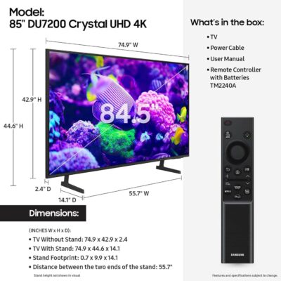 SAMSUNG 85-Inch Class Crystal UHD 4K DU7200 Series HDR Smart TV w/Object Tracking Sound Lite, PurColor, Motion Xcelerator, Mega Contrast, Q-Symphony (UN85DU7200, 2024 Model) - Image 2