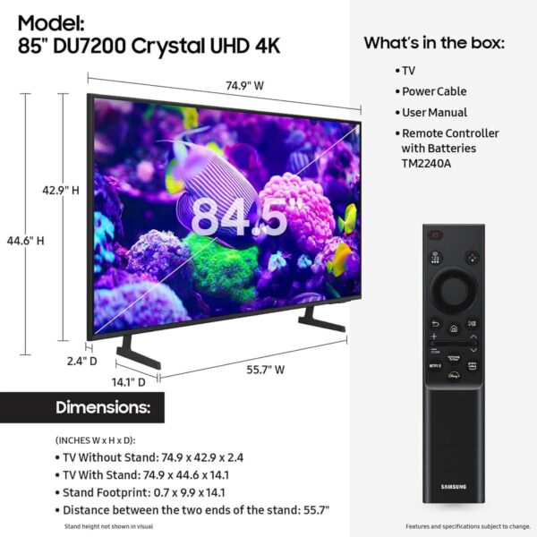 Samsung 85-in DU7200 Crystal UHD Smart TV - UN85DU7200FXZA (2024) (Renewed) - Image 2