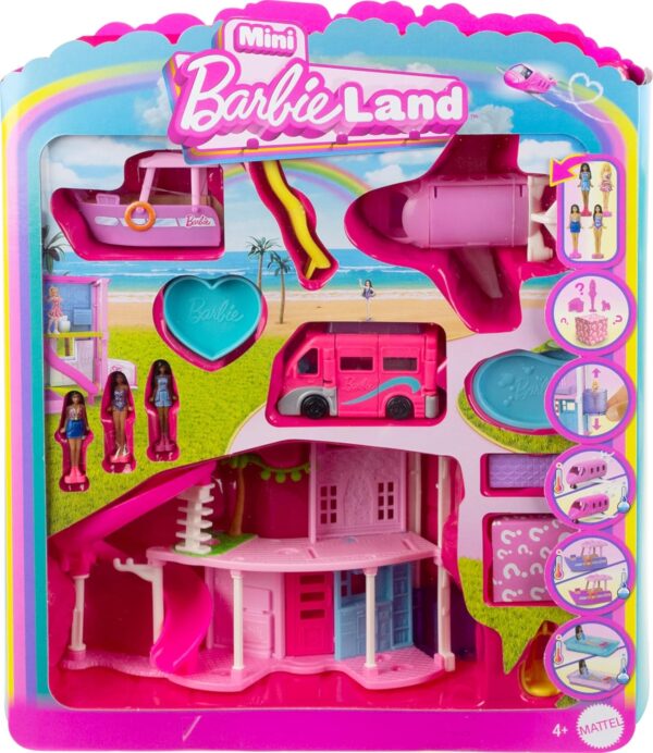 Barbie Mini BarbieLand DreamHouse & 3-Vehicle Playset with 4 1.5-Inch Dolls, Doll House Furniture & Accessories, Includes DreamCamper, Boat & Plane