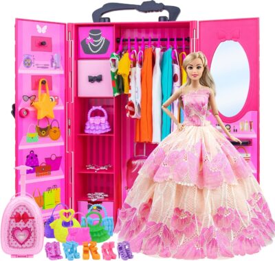 ZITA ELEMENT 11.5 Inch Girl Doll Closet Wardrobe with Clothes and Accessories Set 101 Pcs Including Wardrobe Suitcase Clothes Dresses Swimsuits Shoes Hangers Necklace Bags and Other Stuff