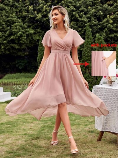 YMSHA Pleated High Low Bridesmaid Dresses for Women V Neck Short Sleeve Formal Dress with Pockets YMS172 - Image 2