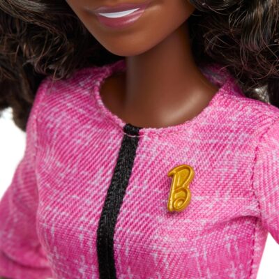 Barbie Careers Doll & Accessories, Future Leader with Dark Brown Hair Wearing Outfit with 2 Golden Bracelets & “B” Pin, Includes Sticker for Kids - Image 4