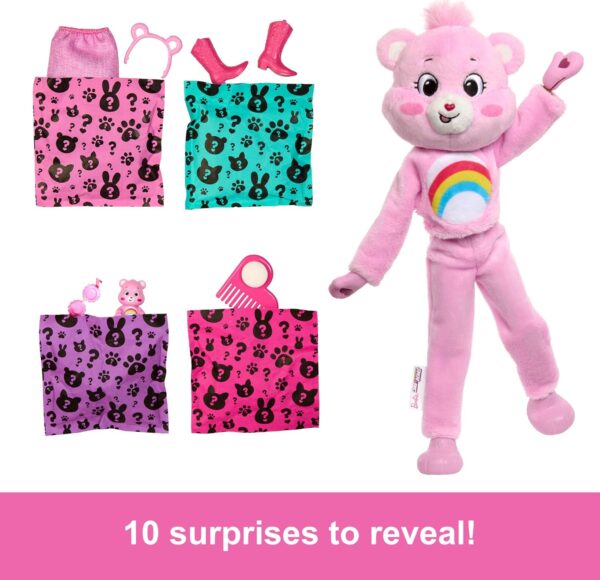 Barbie Cutie Reveal Doll & Accessories, Care Bears Series, Fashion Doll with Cheer Bear Plush Costume & 10 Surprises Including Color Change & Mini Bear - Image 3