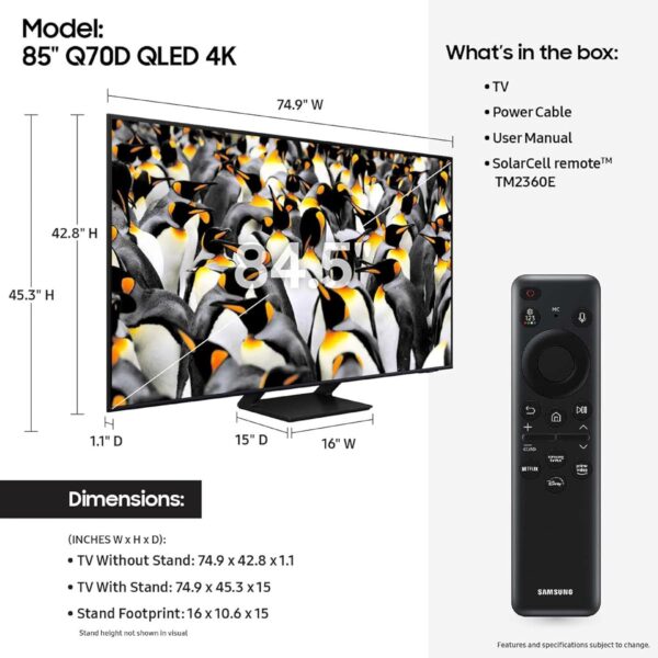 SAMSUNG 85-Inch Class QLED 4K Q70D Series Quantum HDR Smart TV with Object Tracking Sound Lite, Motion Xcelerator, Eye Comfort Mode, Gaming Hub, Alexa Built-in (QN85Q70D, 2024 Model) - Image 2