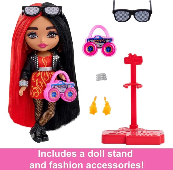 Barbie Extra Minis Doll & Accessories with Red & Black Hair Wearing Flame-Print Dress & Moto Jacket, 5.5-inch - Image 3