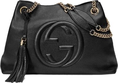 Gucci Soho Medium Black Double Leather Chain Shoulder Bag Tote Black Gold New