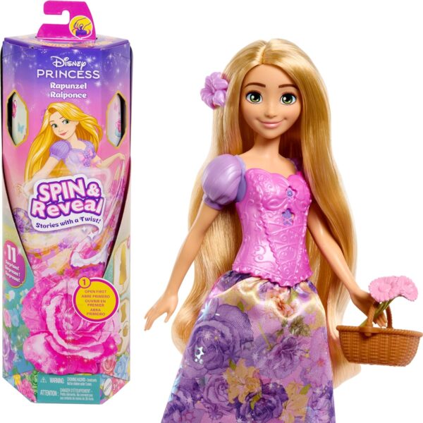 Mattel Disney Princess Rapunzel Fashion Doll Set, Spin & Reveal with 11 Surprises Including 5 Accessories, 5 Stickers & Play Scene, Inspired by Movie