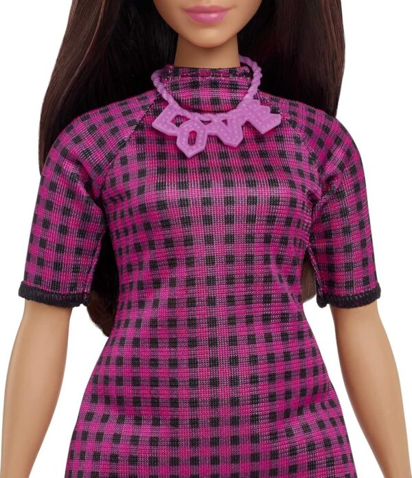 Barbie Fashionistas Doll #188, Curvy with Black Hair, Checkered Dress & Accessories Including Pink Sneakers & Necklace - Image 5