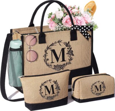 Personalized Christmas Gifts for Women Tote Bag, Initial Jute Tote Bag & Makeup Bags Monogrammed Beach Bag w/ Zipper, Holiday Birthday Gifts for Women Her Friend Mom Daughter Sister Girlfriend Teacher