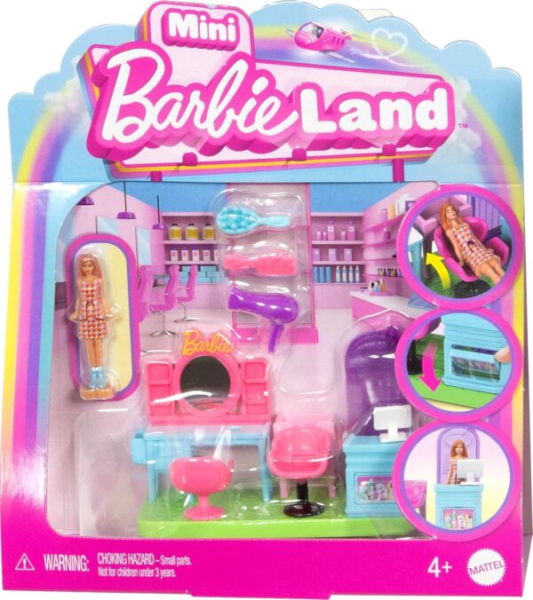 Barbie Mini BarbieLand Collectible Hair Salon Playset with 1.5-Inch Doll, Style Station with Mirror, Shampoo Area and Reception Desk for Storytelling Play