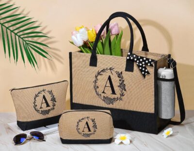 Personalized Christmas Gifts for Women Tote Bag, Initial Jute Tote Bag & Makeup Bags Monogrammed Beach Bag w/ Zipper, Holiday Birthday Gifts for Women Her Friend Mom Daughter Sister Girlfriend Teacher - Image 2