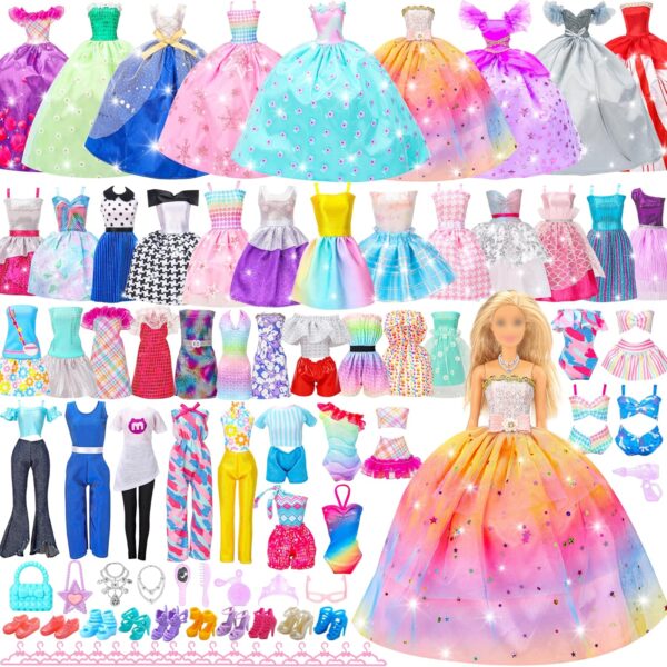 52 Pcs Doll Clothes and Accessories,2 Wedding Gowns 6 Fashion Dresses 2 Set Casual Outfits Top and Pant 2 Swimsuit,20 Hanger 10 Shoe 10 Accessories Toys for Girls Kids Birthday Gift