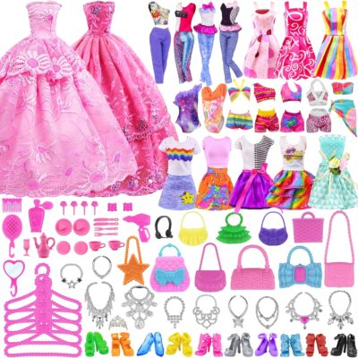 ZITA ELEMENT 11.5 Inch Girl Doll Closet Wardrobe with Clothes and Accessories Set 101 Pcs Including Wardrobe Suitcase Clothes Dresses Swimsuits Shoes Hangers Necklace Bags and Other Stuff - Image 3