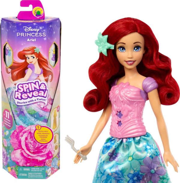 Mattel Disney Princess Ariel Fashion Doll Set, Spin & Reveal with 11 Surprises Including 5 Accessories, 5 Stickers & Play Scene, Inspired by Movie