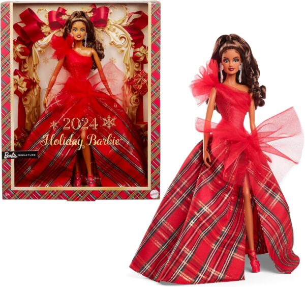 Barbie Signature 2024 Holiday Doll with Light Brown Hair in Plaid Gown, Collectible Toy in Displayable Packaging