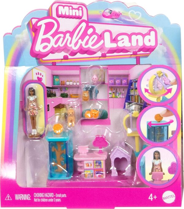 Barbie Mini BarbieLand Collectible Pet Boutique Playset with 1.5-Inch Doll, Pet Product Display, Check Out Stand, Pet House & Cat Baskets for Storytelling Play